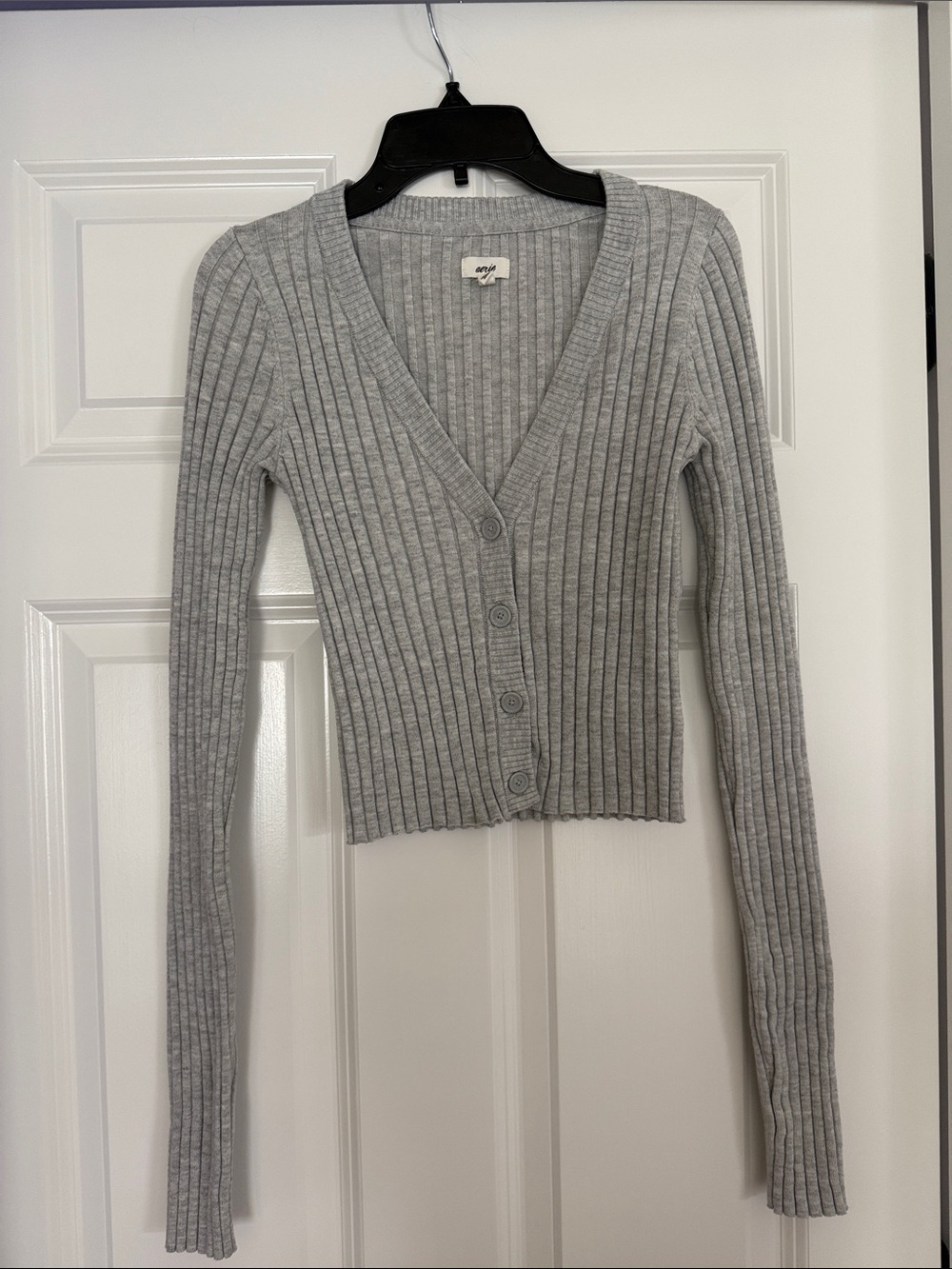 Aerie Ribbed V-Neck Button-Front Sweater - Gray